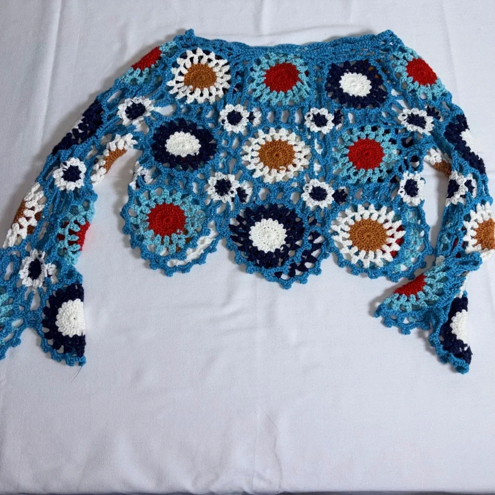 Unbranded Crochet Granny Square Top Small Blue Excellent Boho Floral Cropped